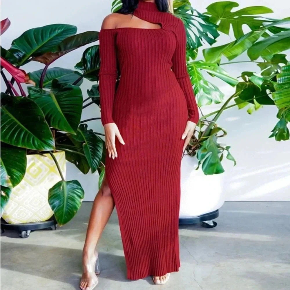 Ladies Sexy Open Show Slit Dress Turtleneck Strip Long Skirt